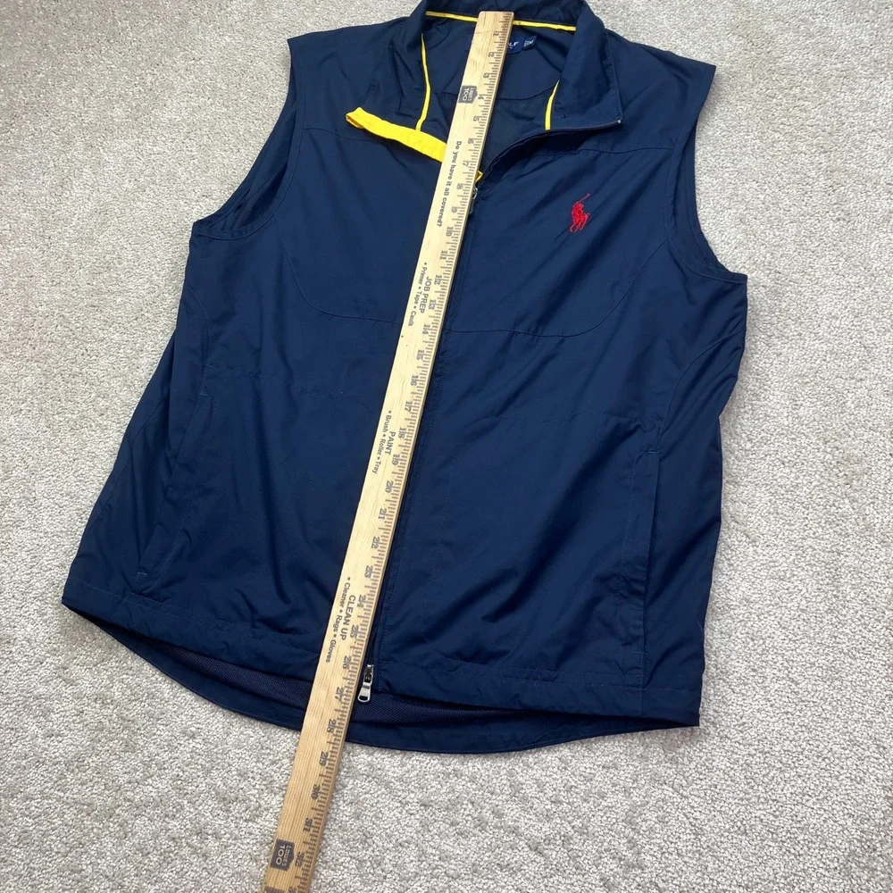 Polo Golf Ralph Lauren Mens M Vest Navy Blue Yellow Trim Big Pony Full Zip